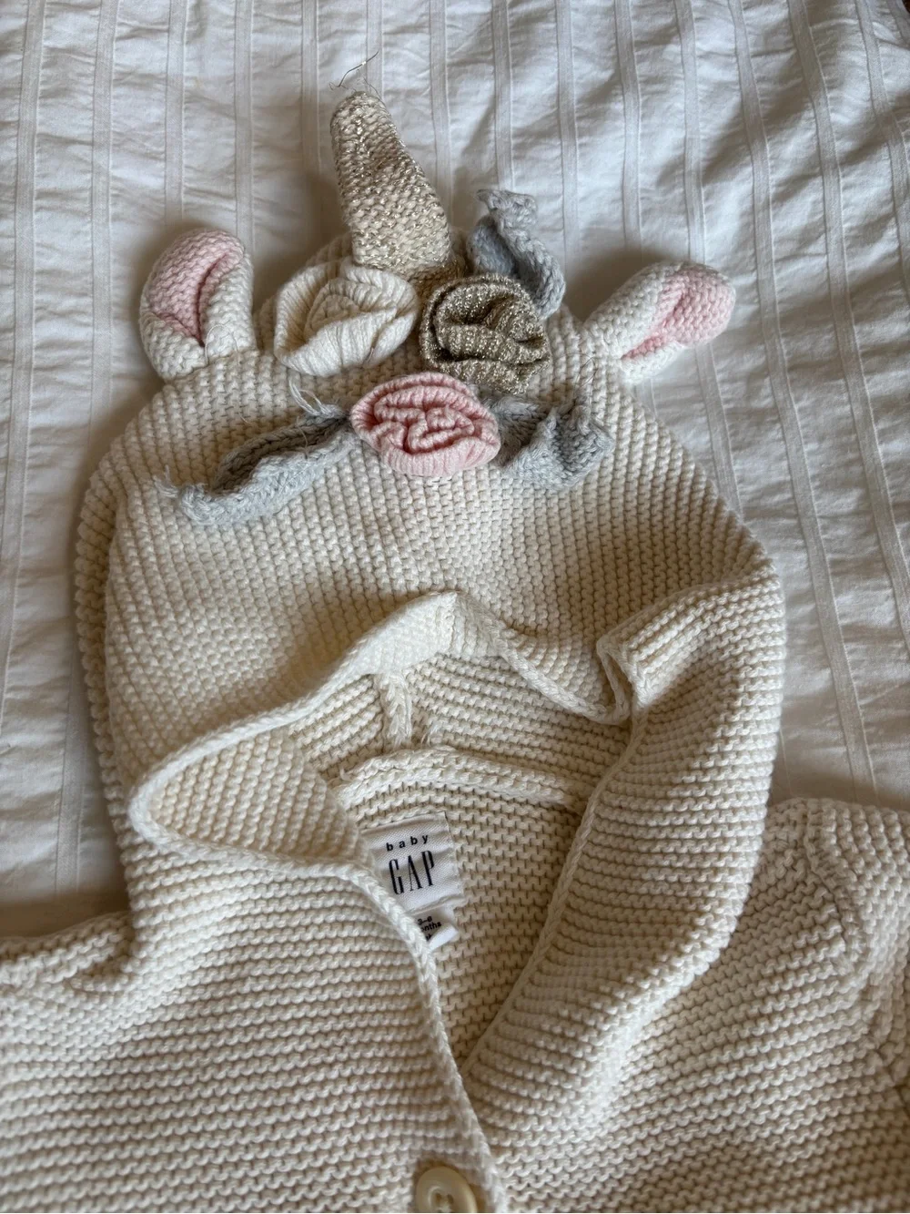 GAP Cream Knit Unicorn Hooded Cardigan and Romper bundle 0-3m baby girl